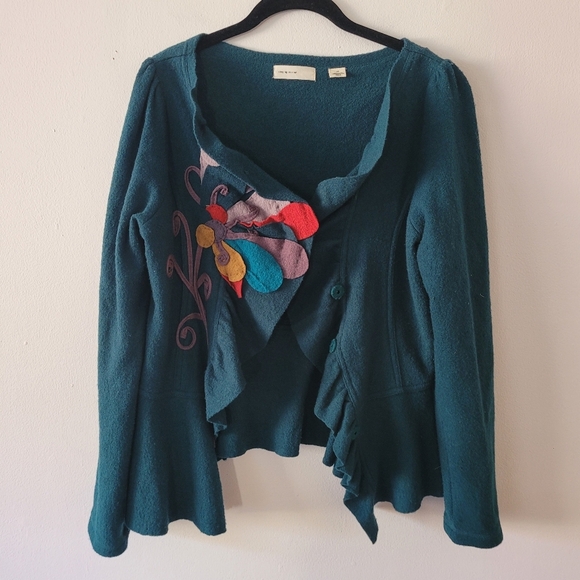 Anthropologie Sleeping On Snow Large Floral Wool Cardigan Sweater Jacket Green - Picture 2 of 8